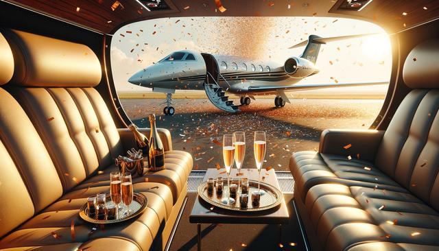 Luxurious limo interior with champagne, leading to a private jet outside with confetti in the air.