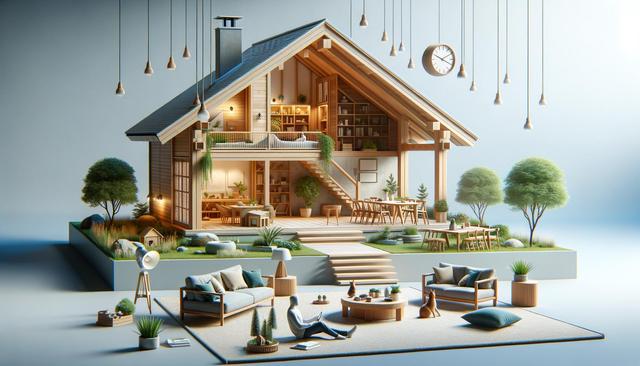 Cutaway of a cozy wooden house with warm lighting, lush greenery, and outdoor seating, viewed in a stylized 3D diorama.