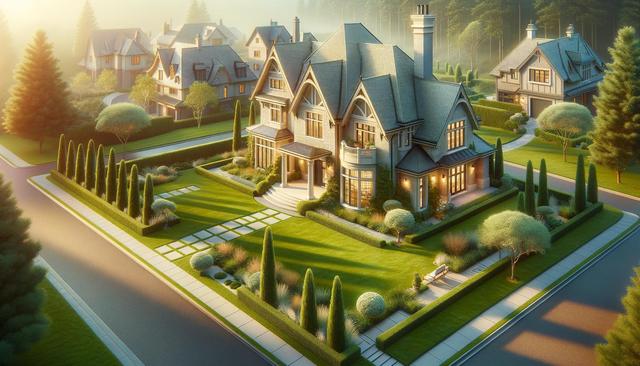 Aerial view of a large, elegant house with a manicured garden, surrounded by similar houses and trees in a serene neighborhood.