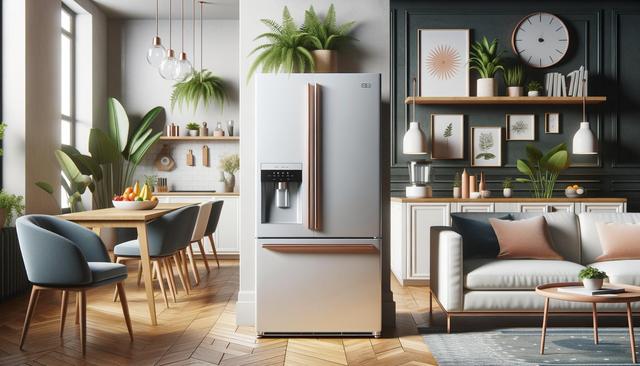 Modern living room with a kitchen, featuring a gray fridge, wooden table with fruit, blue chairs, white sofa, plants, and framed art.