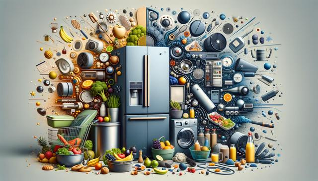 Colorful kitchen collage with fruits, vegetables, appliances, and utensils grouped around a central fridge.