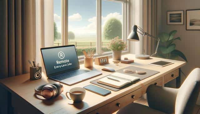 Cozy home office with a laptop, mug, headphones, and plants on a wooden desk by a sunny window.