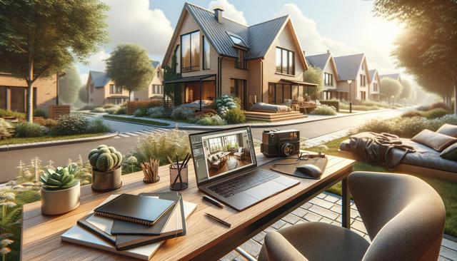 A laptop and camera on an outdoor desk overlooking a modern suburban street with cozy houses and lush greenery.