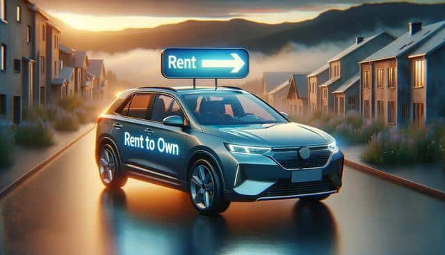 Car on a street at sunset with "Rent to Own" on the side and a glowing "Rent" sign on top.