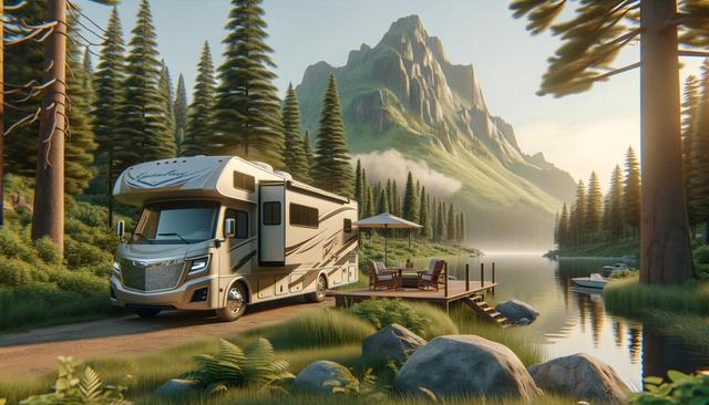A camper van parked near a serene lake, surrounded by pine trees and mountains, with a boat and a dock with chairs.
