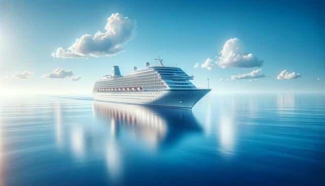 A cruise ship sails on calm, blue ocean under a bright sky with fluffy clouds.