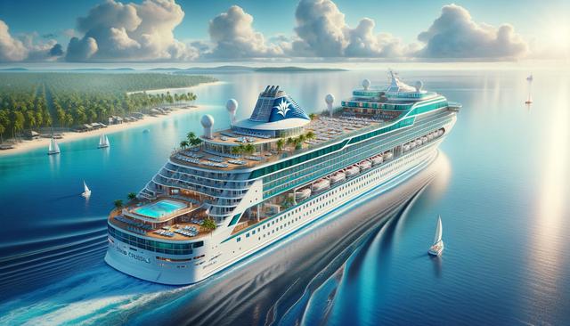 Large cruise ship sailing near a tropical island, surrounded by clear blue water and sailboats under a partly cloudy sky.