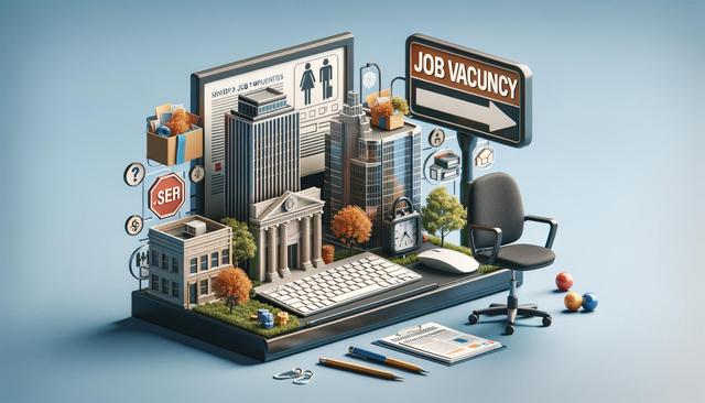 Miniature cityscape on keyboard, job vacancy sign, office chair, and stationery on blue background.