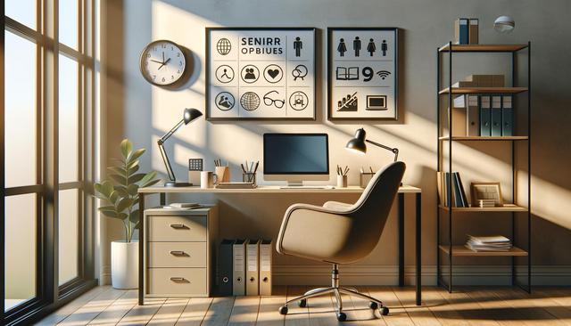 A cozy modern home office with desk, chair, computer, lamp, shelves, and wall art, bathed in warm sunlight.