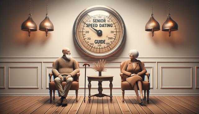 An elderly man and woman sit facing each other in armchairs, framed by a large clock labeled "Senior Speed Dating Guide" and warm lighting.