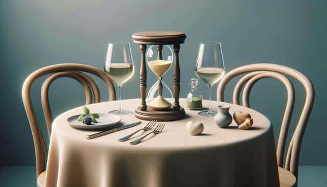 A table with a sand timer, two glasses of white wine, a plate with a blackberry and leaves, utensils, and decorative items.