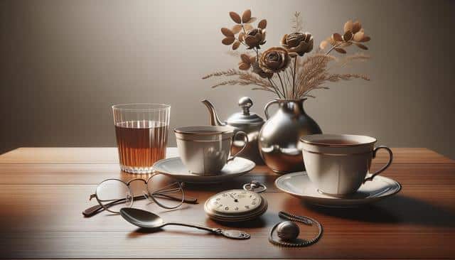 Wooden table with two teacups, a teapot, vase of dried flowers, glass of tea, pocket watch, glasses, and spoon.