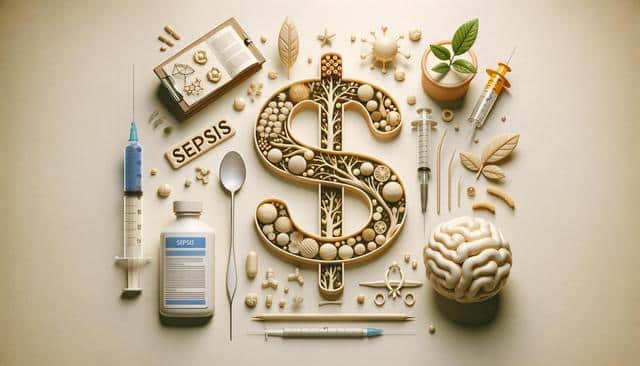 Dollar sign made of cells, surrounded by syringes, a plant, pills, brain model, medical equipment, and the word "sepsis."