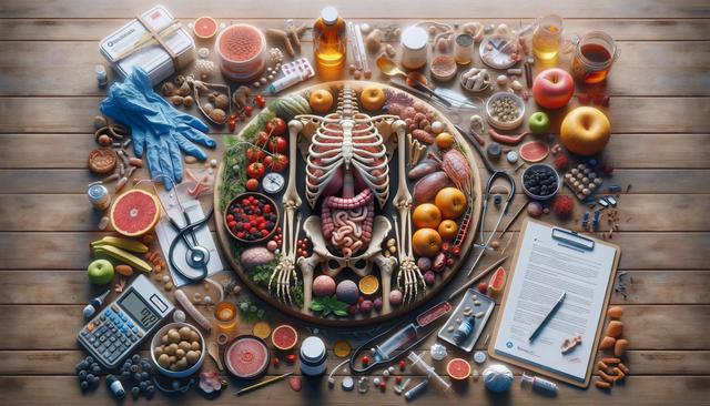 A wooden table displays various fruits, vegetables, medical items, pills, and a human skeleton with organs on a plate.