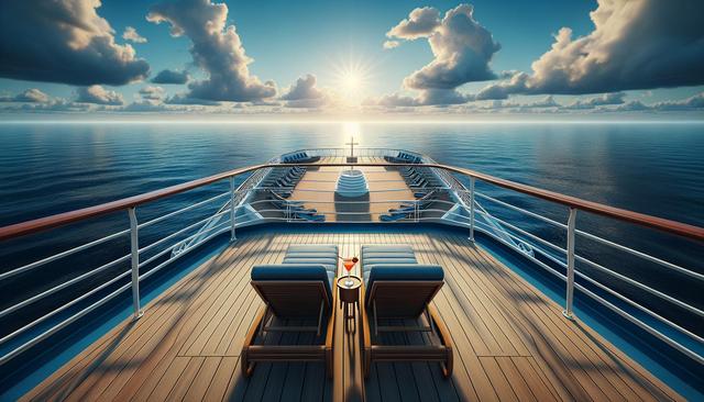 Sunset view from a yacht deck with two lounge chairs and a cocktail, surrounded by calm ocean.