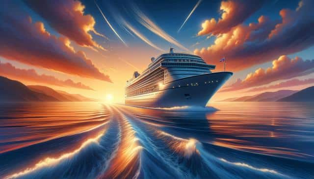 Cruise ship sailing at sunset with vibrant sky and waves.