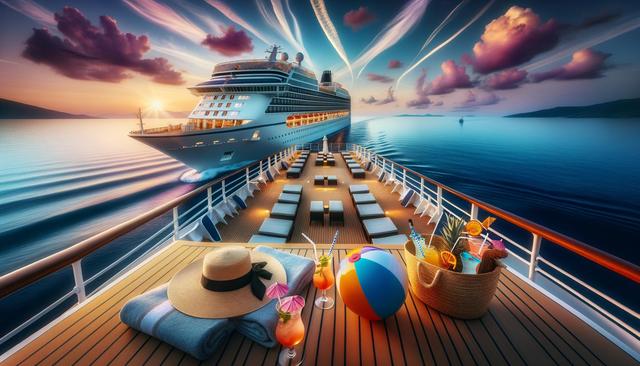 Cruise ship at sunset, viewed from the deck with beach chairs, a straw hat, beach ball, and tropical drinks.