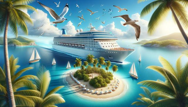 A cruise ship sails near a small tropical island with palm trees and sandy beach, surrounded by sailboats and seagulls.