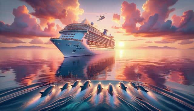 A cruise ship at sunset with dolphins swimming in the ocean and a helicopter above.