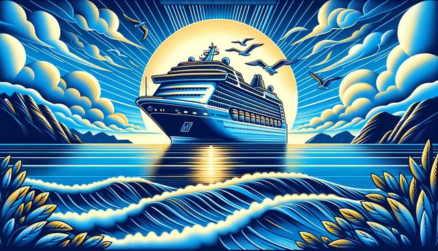 Stylized illustration of a cruise ship at sea with a large sun, clouds, waves, birds, and plants in vibrant blue and yellow hues.