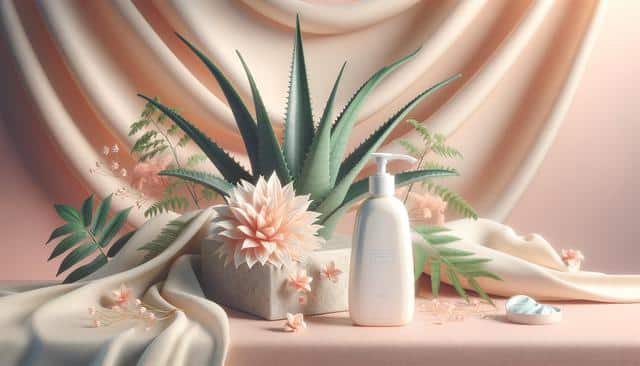 Aesthetic composition featuring aloe vera, soft pink flowers, and a lotion bottle with draped beige fabric backdrop.
