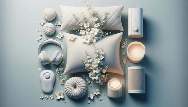 Soft, cozy objects on a pastel background, including pillows, headphones, flowers, a candle, and a small speaker.