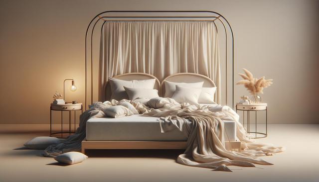 Elegant bedroom with a large bed, soft lighting, beige curtains, and scattered pillows and fabrics.
