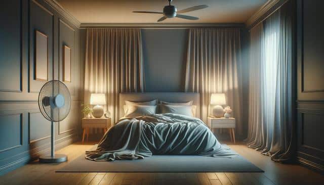 Cozy bedroom with a rumpled bed, soft lighting from lamps on nightstands, curtains drawn, and a fan in the corner.