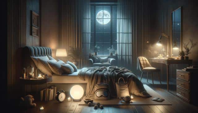 Cozy bedroom with moonlight streaming through a window, soft lighting, a bed, armchair, and desk with plants and books.