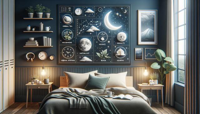 Cozy bedroom with a moon-themed art wall above the bed, warm lighting, and soft decor.