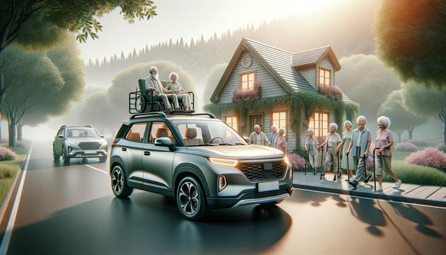 A car with elderly passengers on the roof passes a group of seniors in front of a cozy house on a sunny day.