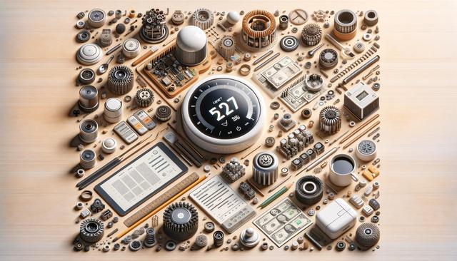 A neatly arranged grid of mechanical parts, gears, and digital devices on a wooden surface, with a prominent circular display showing "527."