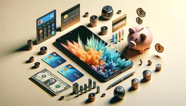 A smartphone with a colorful screen surrounded by credit cards, coins, a piggy bank, a dollar bill, and financial icons.
