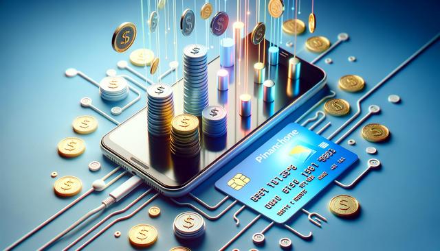 Digital coins and a credit card emanate from a smartphone, symbolizing mobile banking.