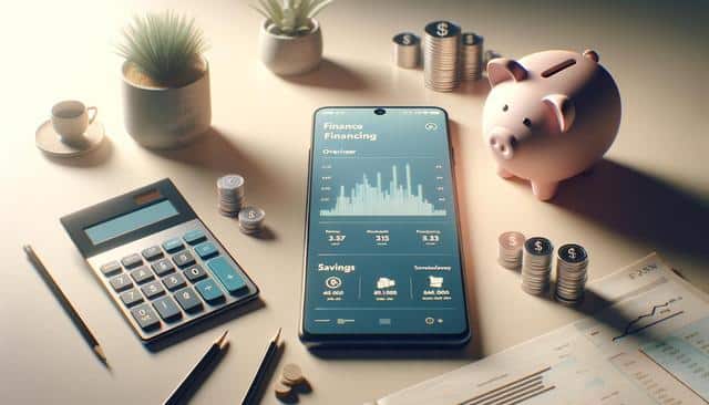 A smartphone with financial graphs, a calculator, stacks of coins, a piggy bank, and a potted plant on a desk.