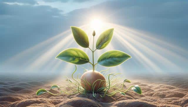 A small plant with green leaves grows from a brown sphere on a sandy surface, bathed in sunlight.