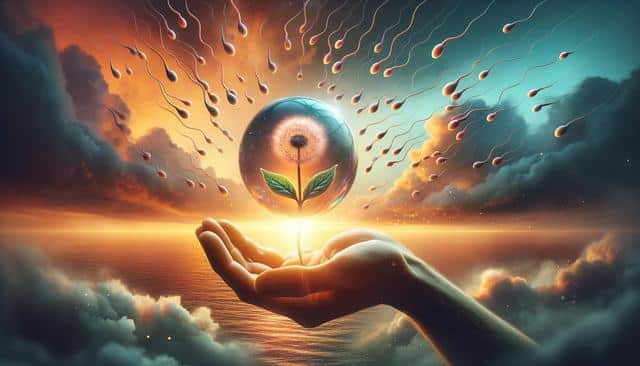 A hand holds a glowing orb containing a dandelion and leaves, surrounded by swirling sperm-like shapes against a dramatic sky over water.