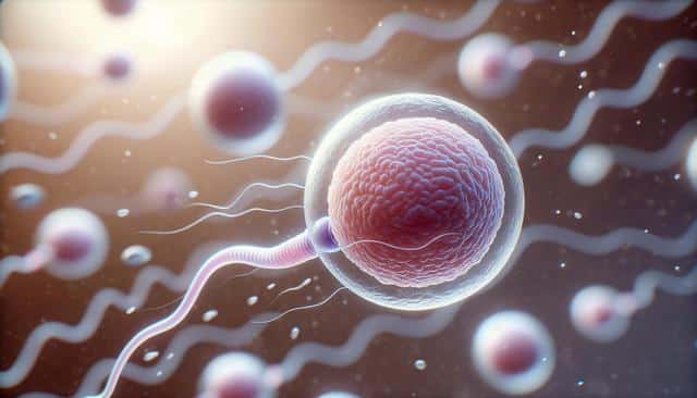 Sperm cell approaching an egg cell for fertilization.