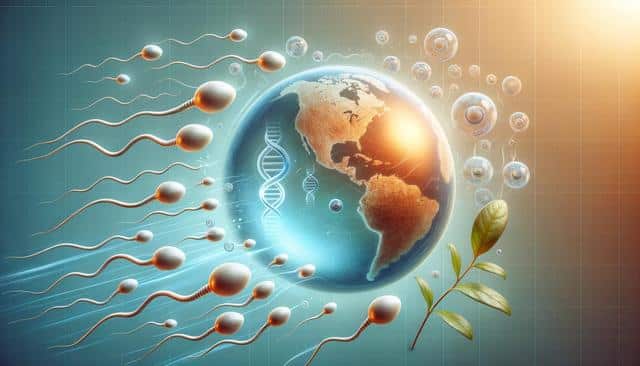 Sperm swimming toward an Earth shaped like an egg, with DNA and leaf symbols, in a futuristic setting.