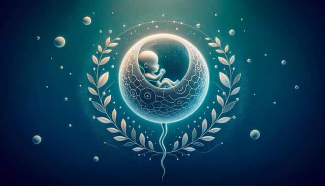 A digital illustration of a fetus inside a glowing egg, adorned with leaf motifs and surrounded by bubbles, set against a dark background.
