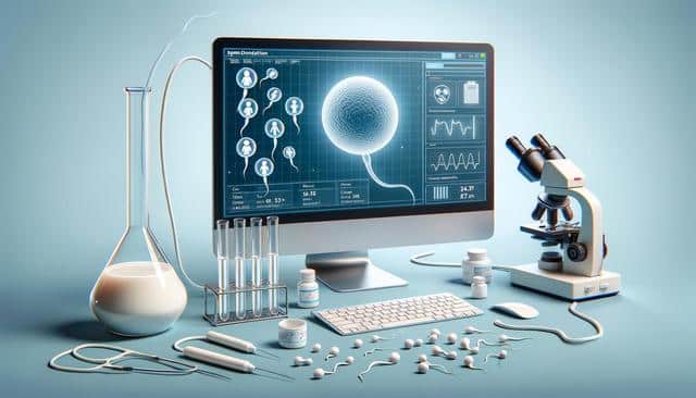 Laboratory setup with a computer screen showing sperm analysis, a microscope, test tubes, and lab instruments.
