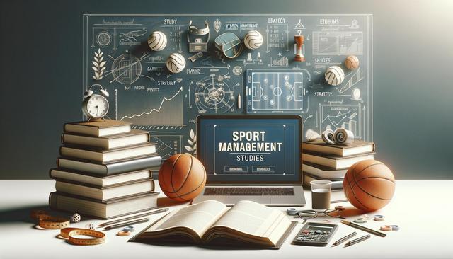 A desk with sports and study items, including books, basketballs, a laptop with "Sport Management Studies" displayed, and chalkboard diagrams.