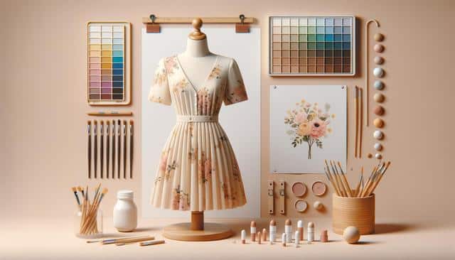 Floral dress on mannequin surrounded by pastel color palettes, paintbrushes, and art supplies on a beige background.