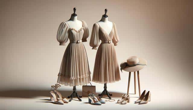 Two mannequins with elegant beige dresses, surrounded by matching high heels, a handbag, and a hat on a stool.