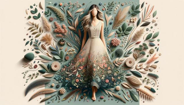 A faceless woman in a floral dress blends into a background of detailed, colorful flowers and leaves.