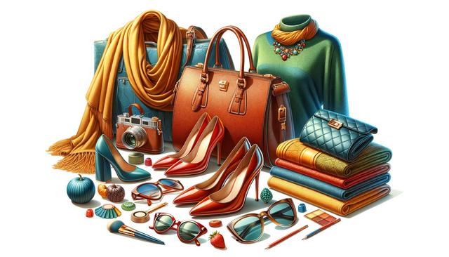 Fashion items including bags, shoes, scarves, and sunglasses on display with colorful fabrics and makeup accessories.