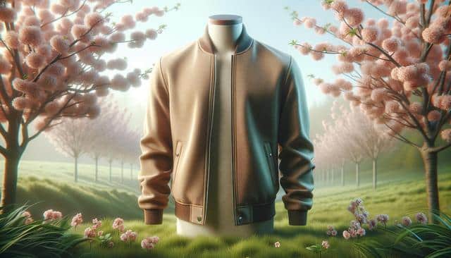 A brown jacket displayed on a mannequin amidst a field of lush grass and pink flowering trees.