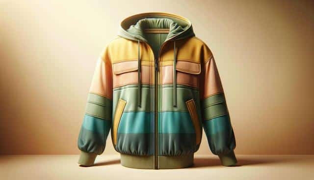 A multicolored jacket with a hood, featuring wide horizontal stripes in shades of yellow, orange, green, and blue.