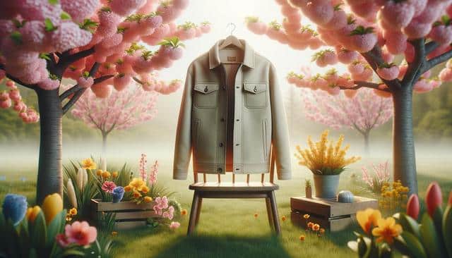 A beige jacket on a chair amidst colorful flowers and pink blossoming trees in a misty garden.