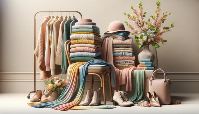 A pastel-colored collection of sweaters, scarves, and shoes arranged on chairs and a rack, with a floral vase and a handbag beside them.